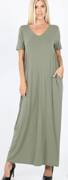 V-Neck Long T-Shirt Dress in Light Olive