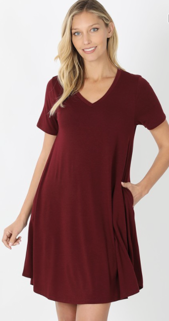 V-Neck T-Shirt Dress in Wine