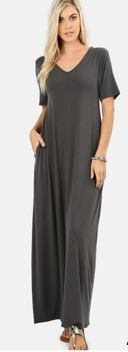 V-Neck Long T-Shirt Dress in Deep Grey