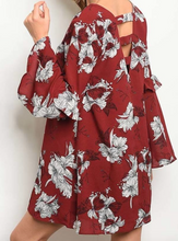Bell-sleeved Sassy Floral Dress - Burgandy